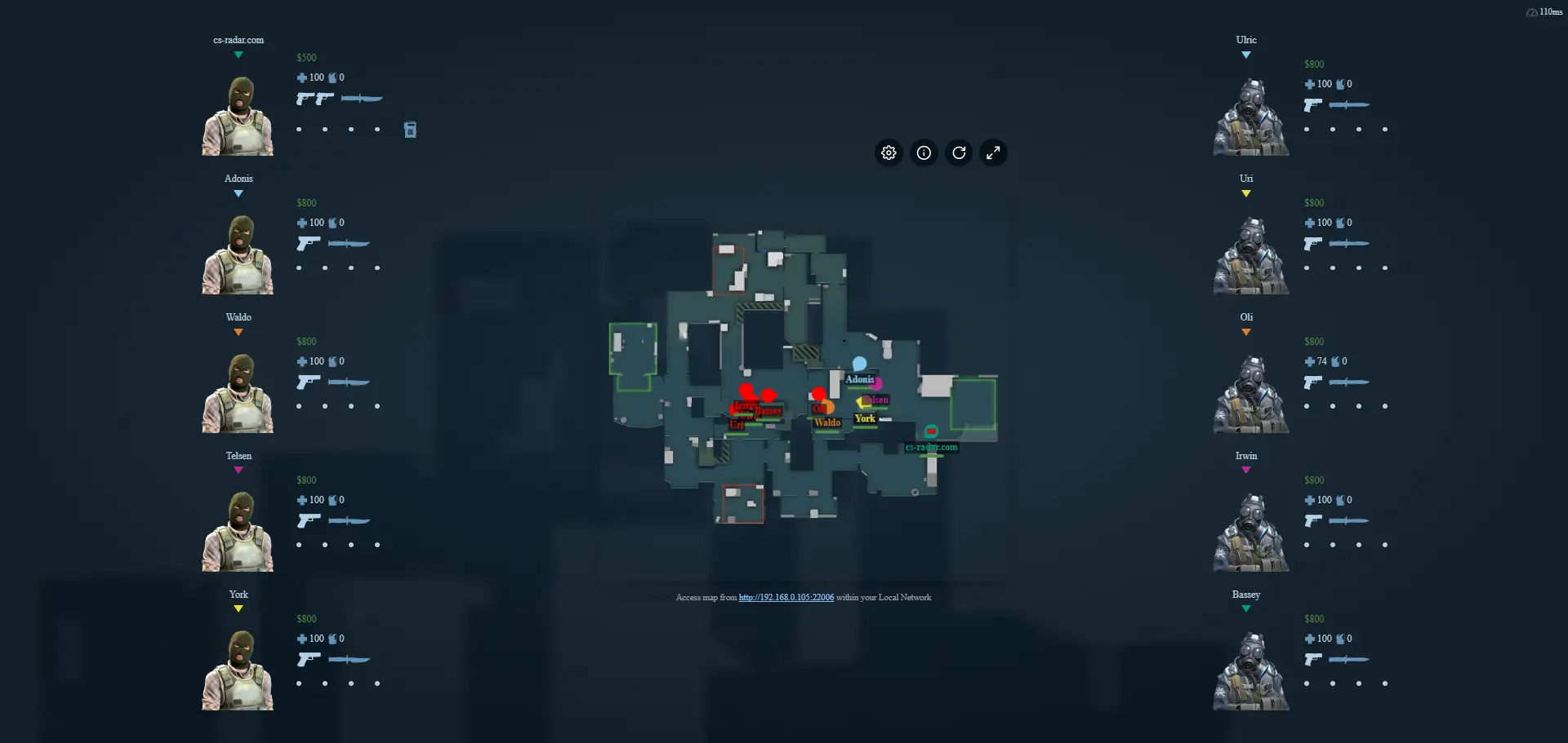 CS Radar live radar view of Cache showing enemy positions, health and weapons