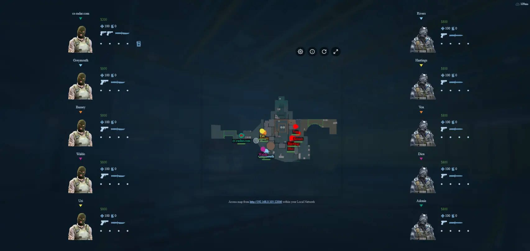 CS Radar live radar view of Nuke showing enemy positions, health and weapons