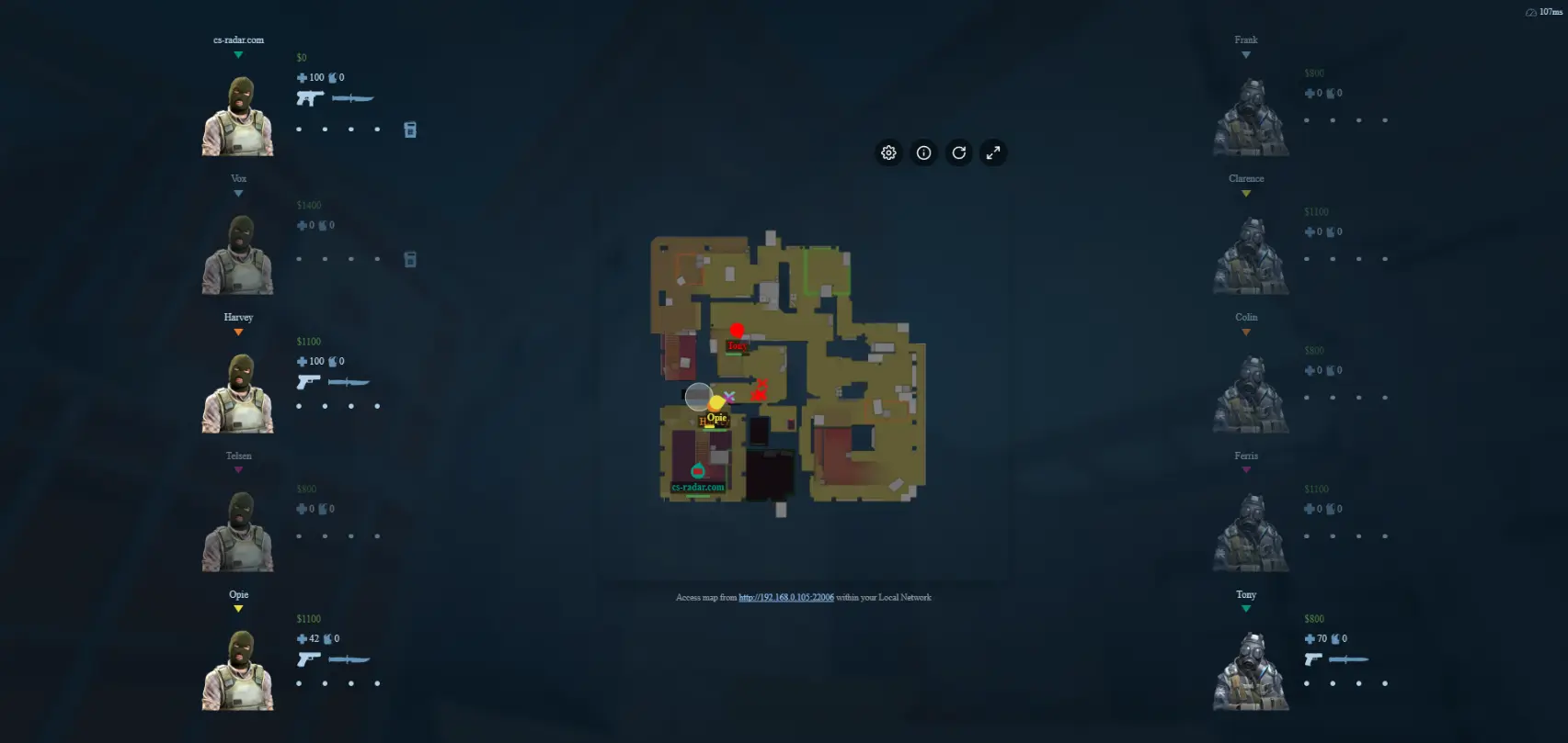 CS Radar live radar view of Vertigo showing enemy positions, health and weapons